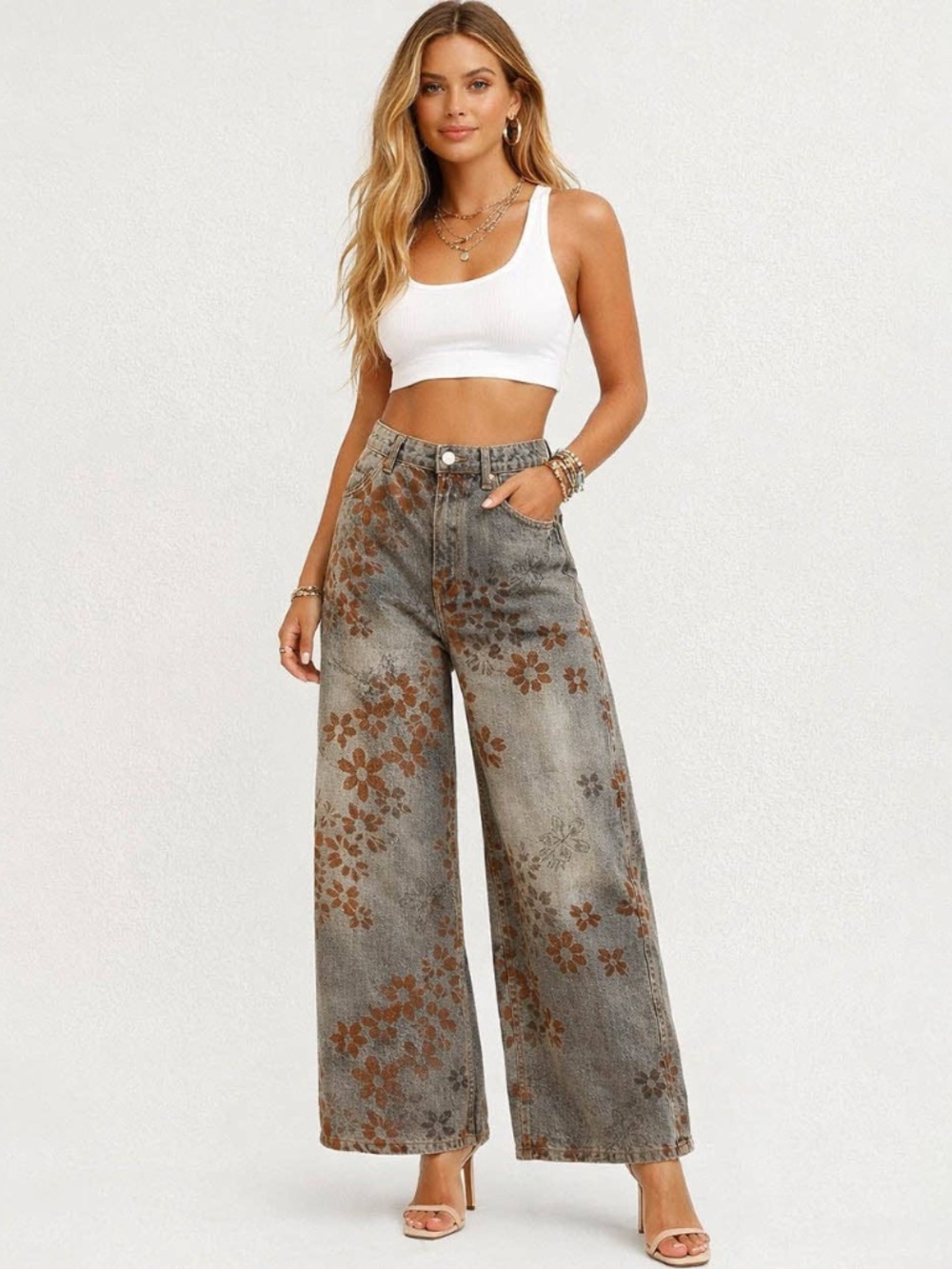 SM242 | Floral Barrel Leg Denim Pants